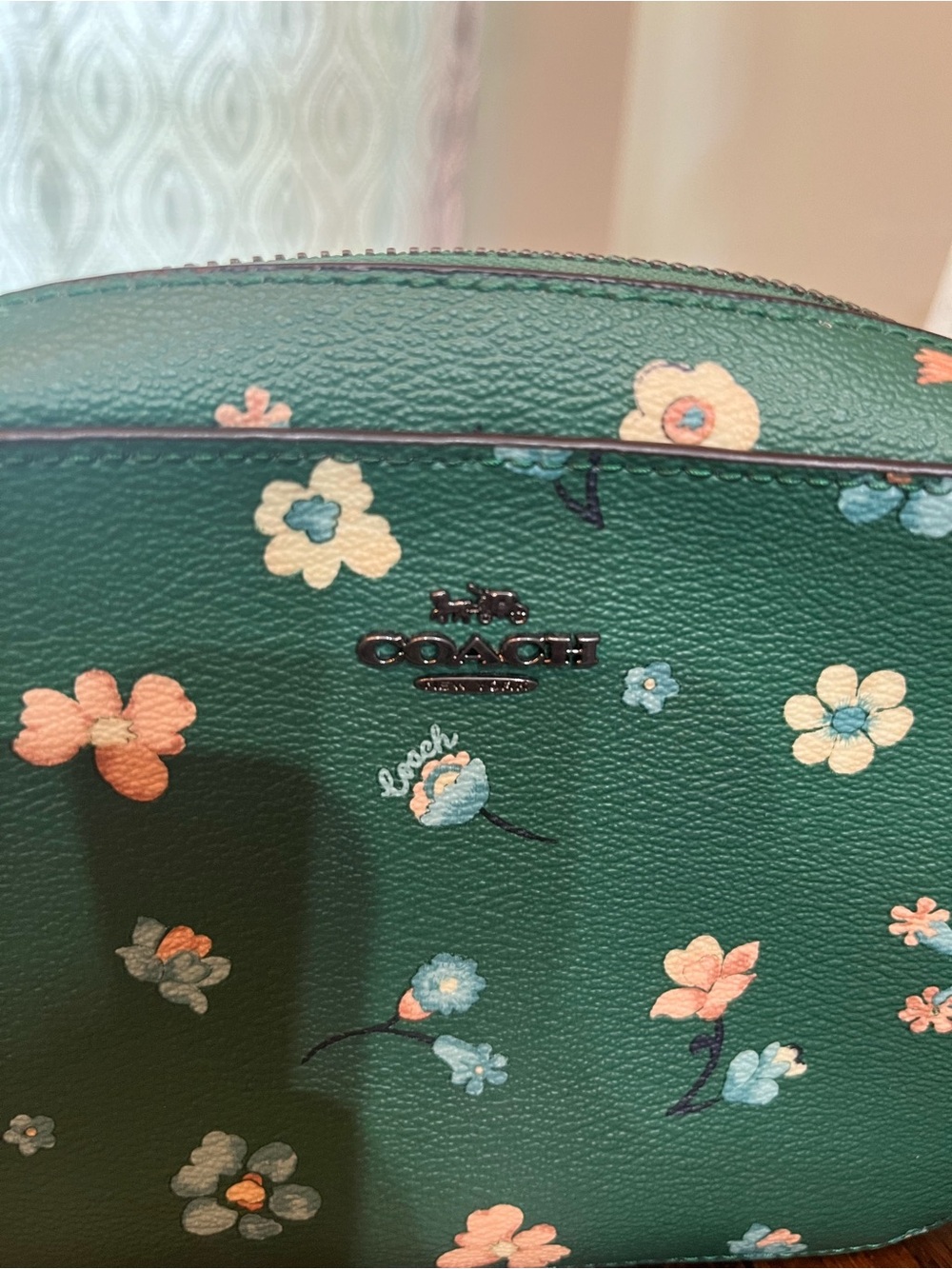 Coach Floral Print Pebbled Mini Camera Bag Adjustable Strap Green Multicolor